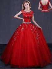 Modest Scoop Cap Sleeves Lace Up Floor Length Beading and Belt Quinceanera Dress