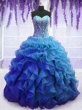 Excellent Blue Ball Gowns Beading and Ruffles Vestidos de Quinceanera Lace Up Organza Sleeveless Floor Length