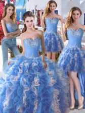  Four Piece Sweetheart Sleeveless Quinceanera Gown Floor Length Beading Blue And White Organza