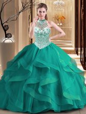  Halter Top Sleeveless Brush Train Lace Up With Train Beading and Ruffles Sweet 16 Dress