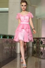  Cap Sleeves Chiffon Mini Length Side Zipper Prom Dress in Rose Pink with Belt