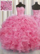 Classical Rose Pink Sweet 16 Dress Military Ball and Sweet 16 and Quinceanera with Beading and Ruffles Sweetheart Sleeveless Lace Up