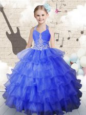 Popular Halter Top Floor Length Royal Blue Kids Pageant Dress Organza Sleeveless Beading and Ruffled Layers