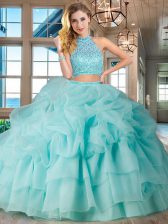 Shining Aqua Blue Halter Top Neckline Beading and Ruffled Layers and Pick Ups Quinceanera Gowns Sleeveless Backless