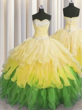 Most Popular Beading and Ruffles and Ruffled Layers and Sequins Vestidos de Quinceanera Multi-color Lace Up Sleeveless Floor Length