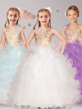 Lovely Halter Top Floor Length Lace Up Flower Girl Dresses White and Apple Green and Lilac for Party and Quinceanera and Wedding Party with Beading and Ruffles and Hand Made Flower