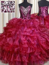On Sale Floor Length Lace Up Quince Ball Gowns Hot Pink for Military Ball and Sweet 16 and Quinceanera with Beading and Ruffles