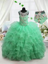  Apple Green Scoop Neckline Beading and Ruffled Layers Little Girls Pageant Gowns Sleeveless Lace Up