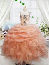 Dazzling Orange Organza Zipper Square Sleeveless Floor Length Little Girls Pageant Dress Wholesale Beading and Ruffles and Pick Ups