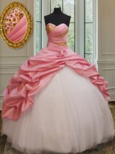  Pick Ups Floor Length Pink And White Ball Gown Prom Dress Sweetheart Sleeveless Lace Up