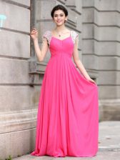Lovely Floor Length Zipper Hot Pink for Prom and Party with Beading
