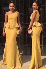  Mermaid Yellow Homecoming Dress Prom and Party with Ruching One Shoulder Sleeveless Zipper
