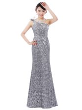 One Shoulder Silver Column/Sheath Sequins Prom Dresses Zipper Sequined Sleeveless Floor Length