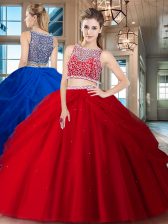 Elegant Tulle Bateau Sleeveless Side Zipper Beading and Pick Ups 15 Quinceanera Dress in Red