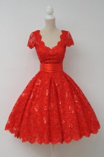 Dynamic Lace Scalloped Knee Length A-line Cap Sleeves Red Prom Party Dress Zipper