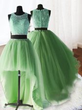  Three Piece Yellow Green Sweet 16 Dresses Military Ball and Sweet 16 and Quinceanera with Beading and Lace and Ruffles Scoop Sleeveless Brush Train Zipper