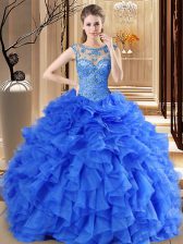  Scoop Royal Blue Organza Lace Up 15th Birthday Dress Sleeveless Floor Length Beading and Ruffles