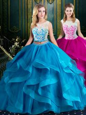 Fine Scoop Lace and Ruffles Sweet 16 Dress Baby Blue Zipper Sleeveless With Brush Train