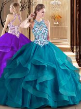 Dazzling Scoop Embroidery and Ruffles Quinceanera Dress Teal Lace Up Sleeveless Brush Train