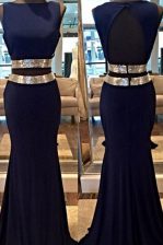  Mermaid Sleeveless Elastic Woven Satin Floor Length Backless Prom Dress in Navy Blue with Sequins