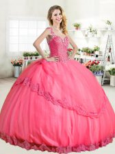  Halter Top Sleeveless Ball Gown Prom Dress Floor Length Beading and Appliques Hot Pink Tulle