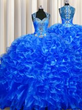 Attractive Zipper Up See Through Back Royal Blue Ball Gowns Straps Sleeveless Organza With Train Sweep Train Zipper Beading and Ruffles Sweet 16 Dress