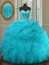  Pick Ups Ball Gowns 15th Birthday Dress Aqua Blue Sweetheart Organza Sleeveless Floor Length Lace Up