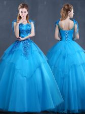 Custom Designed Appliques Quinceanera Dress Baby Blue Lace Up Sleeveless Floor Length