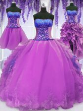 Glamorous Four Piece Strapless Sleeveless Quinceanera Gowns Floor Length Embroidery and Ruffles Purple Organza