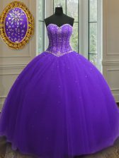 Hot Sale Floor Length Purple Ball Gown Prom Dress Tulle Sleeveless Beading and Sequins