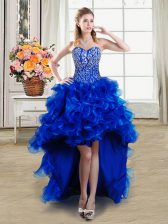  Organza Sweetheart Sleeveless Lace Up Beading and Ruffles Prom Party Dress in Royal Blue