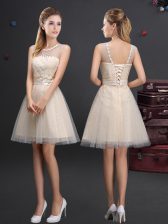 Amazing Scoop Champagne A-line Beading and Lace and Appliques and Belt Damas Dress Lace Up Tulle Sleeveless Mini Length