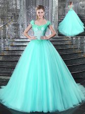 Glamorous Tulle Straps Sleeveless Brush Train Lace Up Beading and Appliques 15th Birthday Dress in Aqua Blue