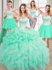 Four Piece Floor Length Lace Up Ball Gown Prom Dress Apple Green for Military Ball and Sweet 16 and Quinceanera with Beading and Ruffles and Pick Ups
