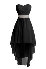  Black Organza Lace Up Homecoming Dress Sleeveless High Low Belt