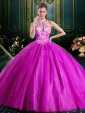  Halter Top Sleeveless Floor Length Beading and Lace and Appliques Lace Up Sweet 16 Dress with Fuchsia