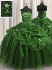 Floor Length Green Sweet 16 Dresses Organza Sleeveless Beading and Appliques and Pick Ups
