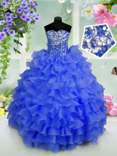  Royal Blue Organza Lace Up Little Girls Pageant Gowns Sleeveless Floor Length Ruffled Layers and Sequins