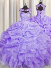  Scoop Lavender Ball Gowns Beading and Pick Ups Quinceanera Gowns Lace Up Organza Sleeveless Floor Length