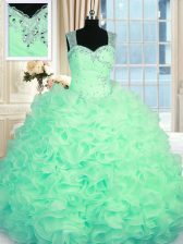 Elegant Apple Green Organza Zipper Quinceanera Gown Sleeveless Floor Length Beading and Ruffles