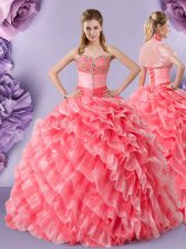 Fashion Lace Sweet 16 Dress Watermelon Red Lace Up Sleeveless Floor Length