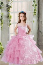  Ruffled Lilac Sleeveless Organza Lace Up Kids Formal Wear for Party and Wedding Party