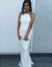 Artistic Mermaid Square White Sleeveless Brush Train Lace Prom Evening Gown