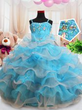 Perfect Straps Sleeveless Zipper Floor Length Beading and Appliques and Ruffled Layers Kids Pageant Dress