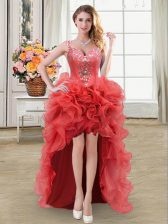 Nice Straps Coral Red Organza Lace Up Dress for Prom Sleeveless High Low Beading and Ruffles
