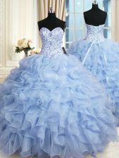 Comfortable Floor Length Light Blue Quinceanera Dress Organza Sleeveless Beading and Ruffles
