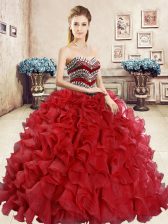  Red Sleeveless Floor Length Beading and Ruffles Lace Up 15 Quinceanera Dress