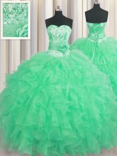  Handcrafted Flower Apple Green Lace Up 15 Quinceanera Dress Beading and Ruffles and Hand Made Flower Sleeveless Floor Length