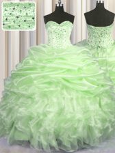 Sweetheart Sleeveless 15th Birthday Dress With Brush Train Beading and Ruffles and Pick Ups Yellow Green Organza