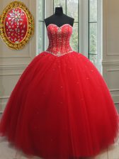  Red Tulle Lace Up Sweetheart Sleeveless Floor Length Vestidos de Quinceanera Beading